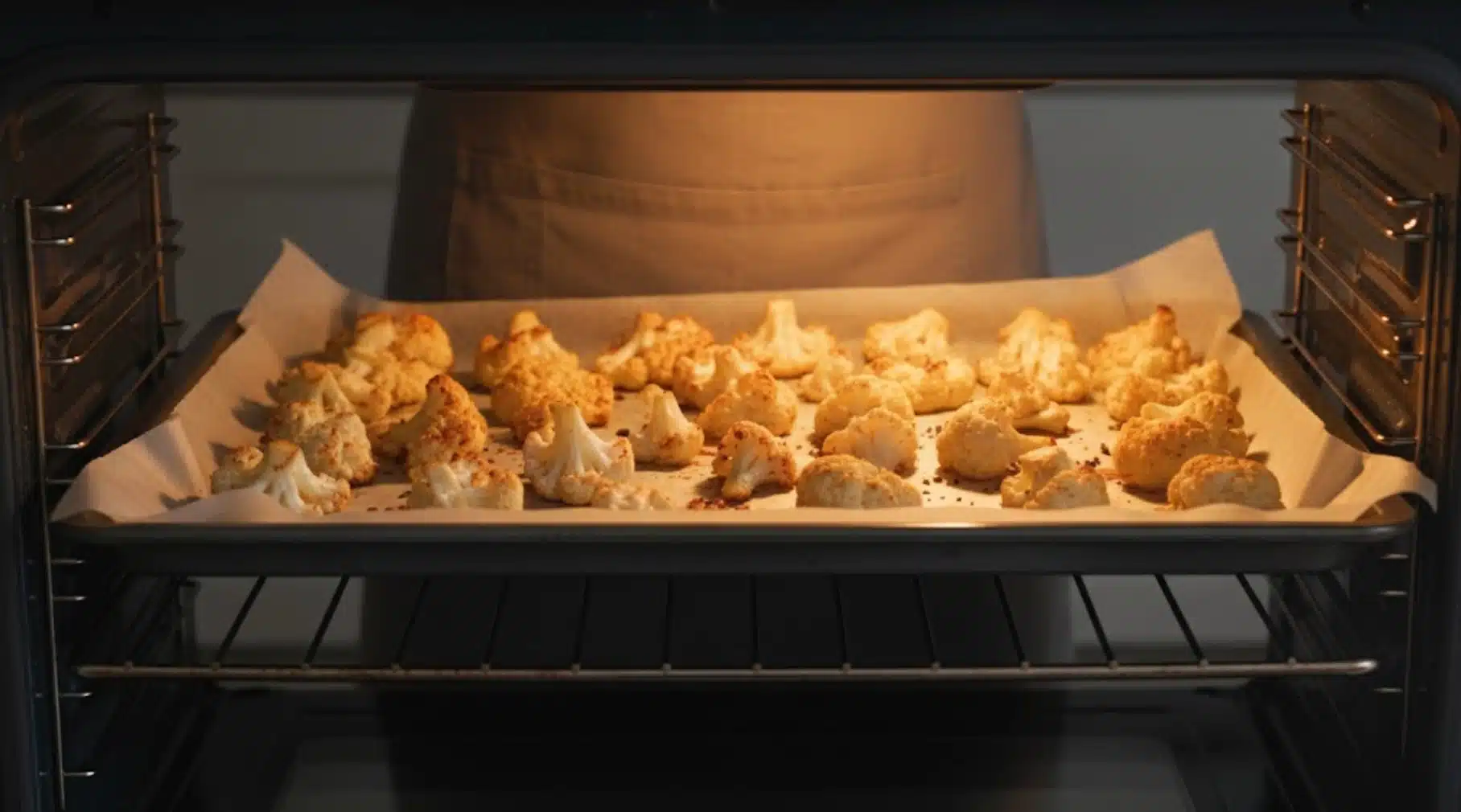 cauliflower roasting on a parchment-lined baking sheet inside the oven, lightly seasoned and turning golden as they cook