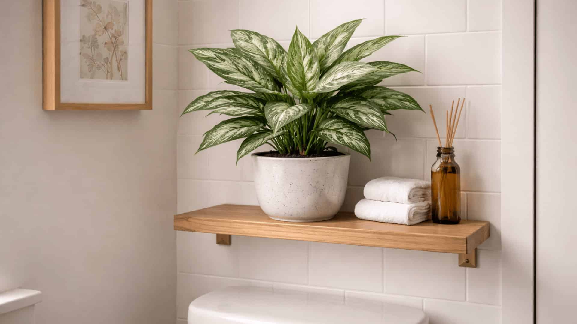 chinese evergreen with silver leaves in ceramic pot on wooden shelf above toilet with white tile background