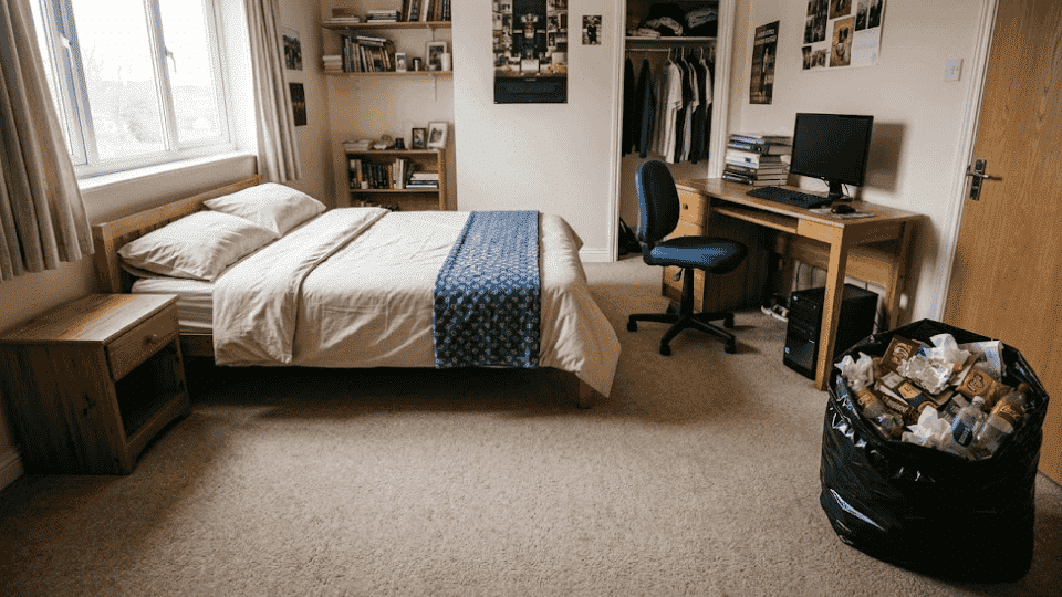 clean bedroom with made bed and desk, full trash bag of wrappers and bottles placed near the door after room cleaning