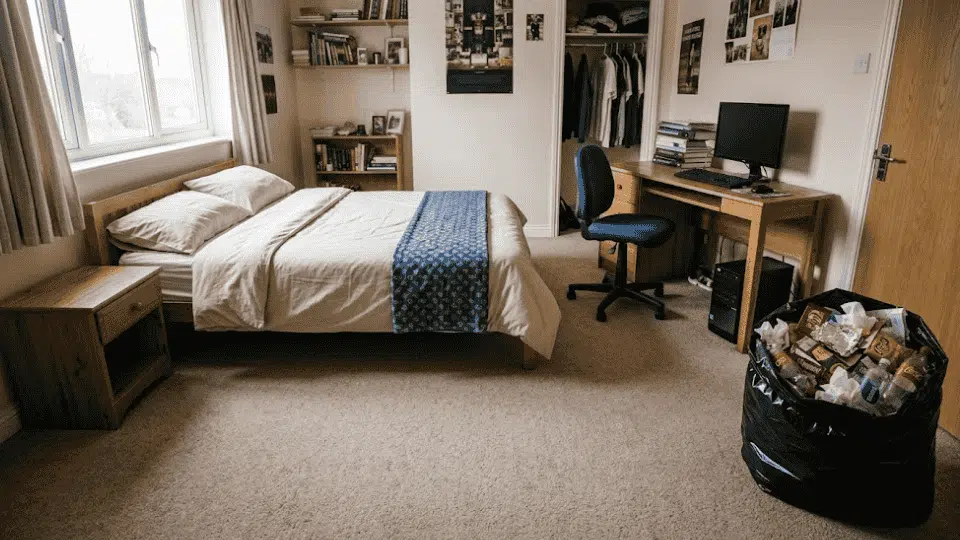 clean bedroom with made bed and desk, full trash bag of wrappers and bottles placed near the door after room cleaning