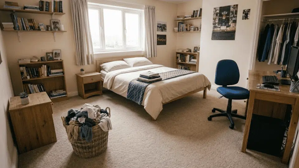 clean bedroom with made bed, organized desk and shelves, and a laundry basket filled with clothes on the floor near the bed