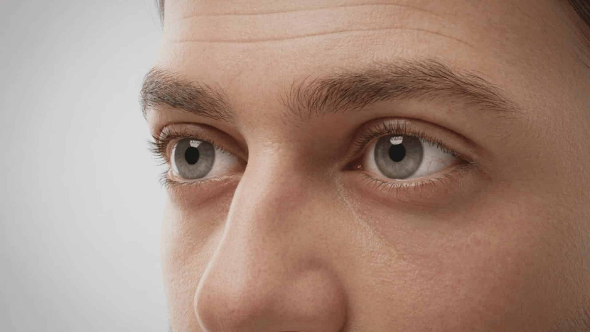 close-up of a person's eyes and forehead with realistic skin texture and natural brown eyebrows