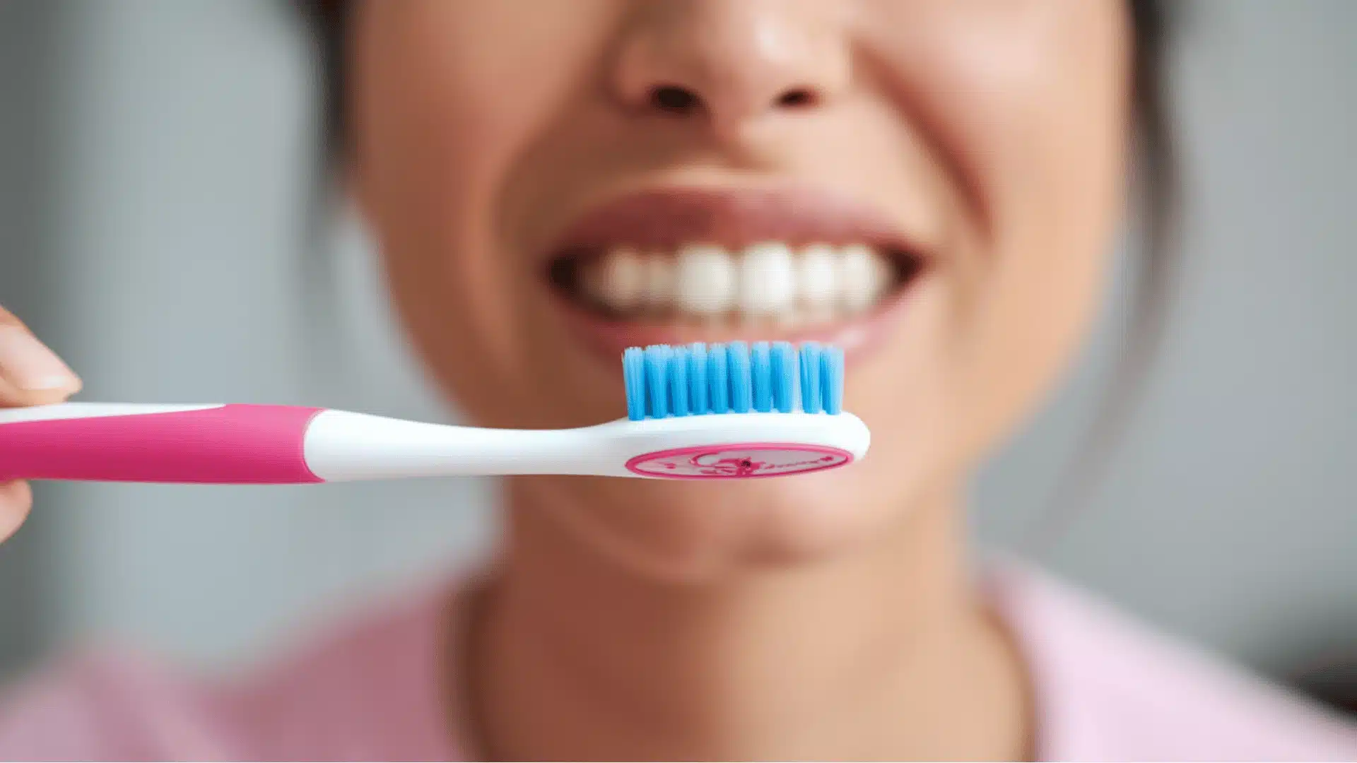 close-up of a person's mouth, where they are brushing their teeth with a pink and white toothbrush