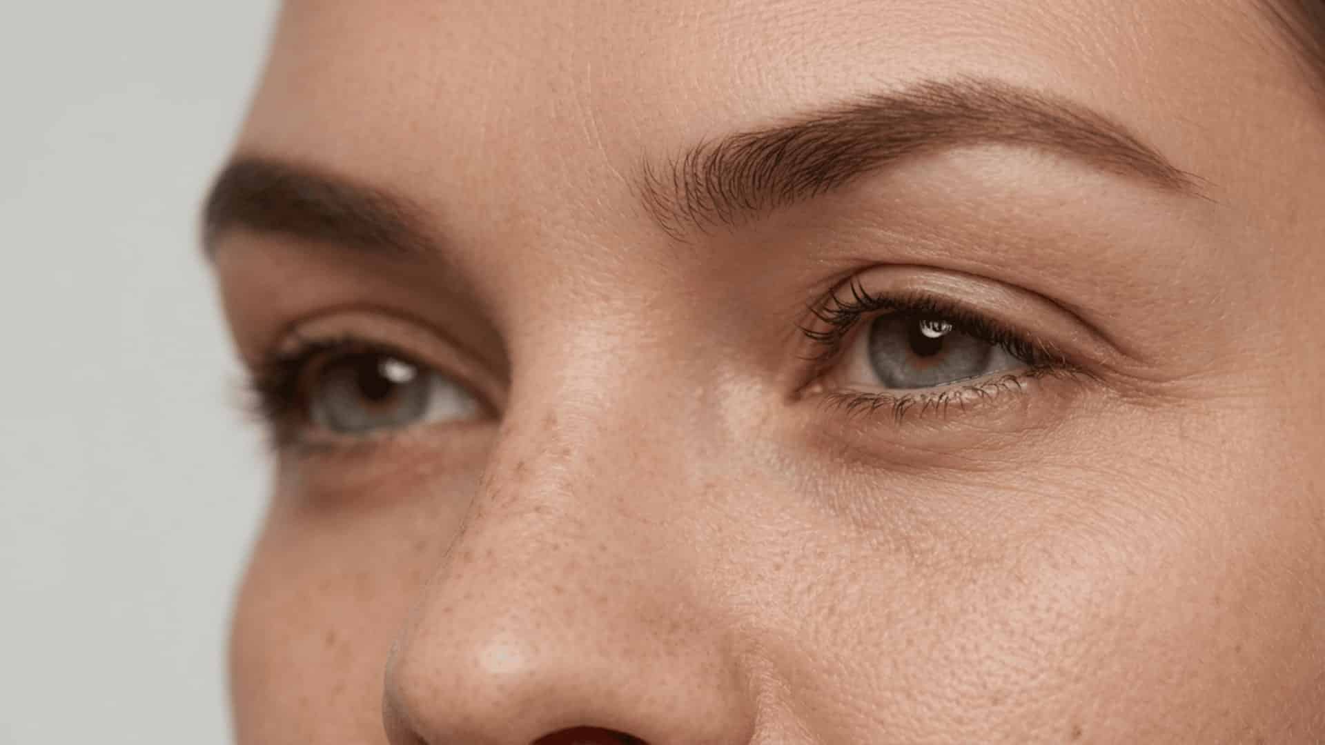 close-up of a woman's green hooded eyes with natural skin texture, freckles, and dark brows in 169 ratio.