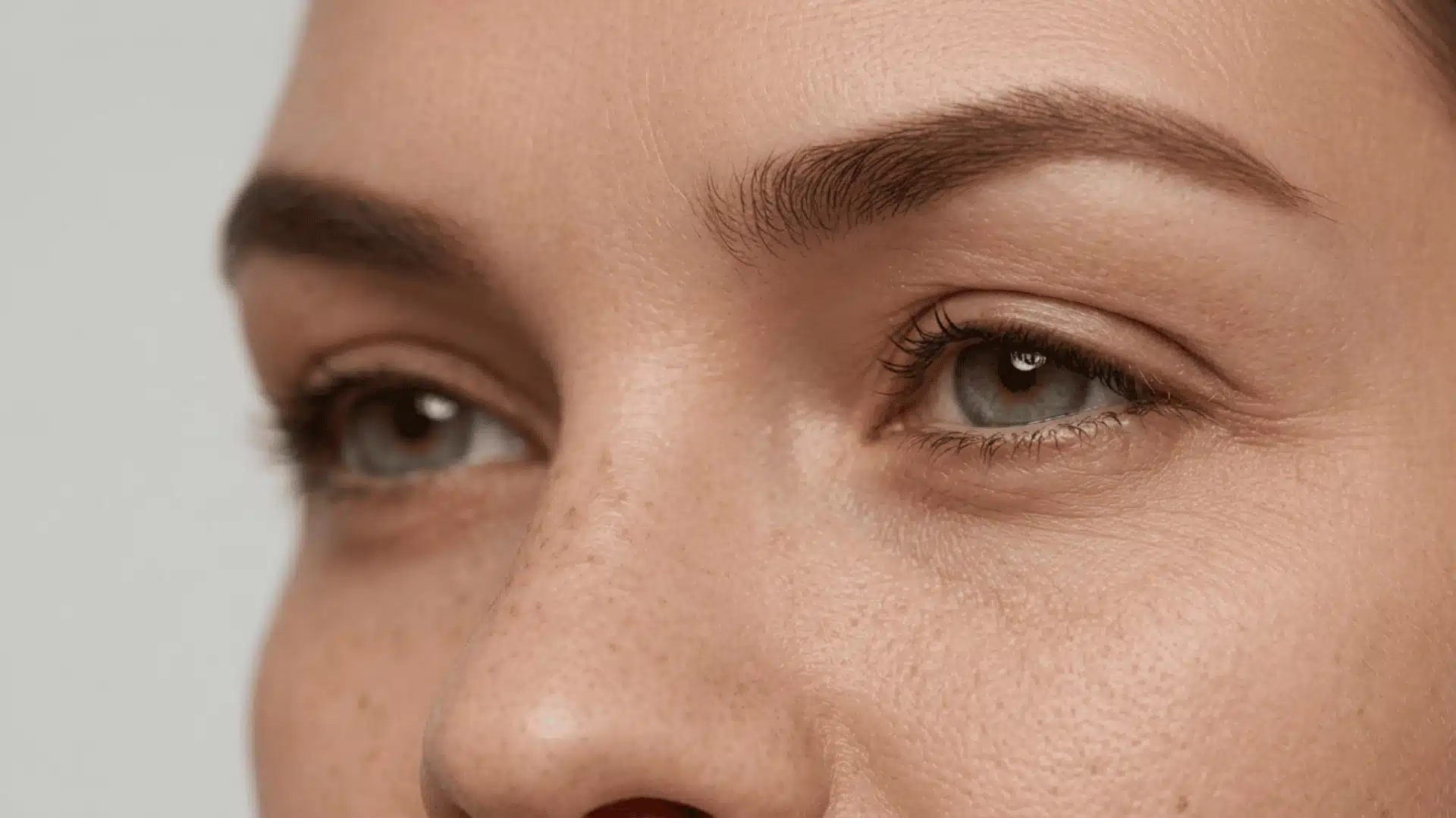 close-up of a woman's green hooded eyes with natural skin texture, freckles, and dark brows in 169 ratio.