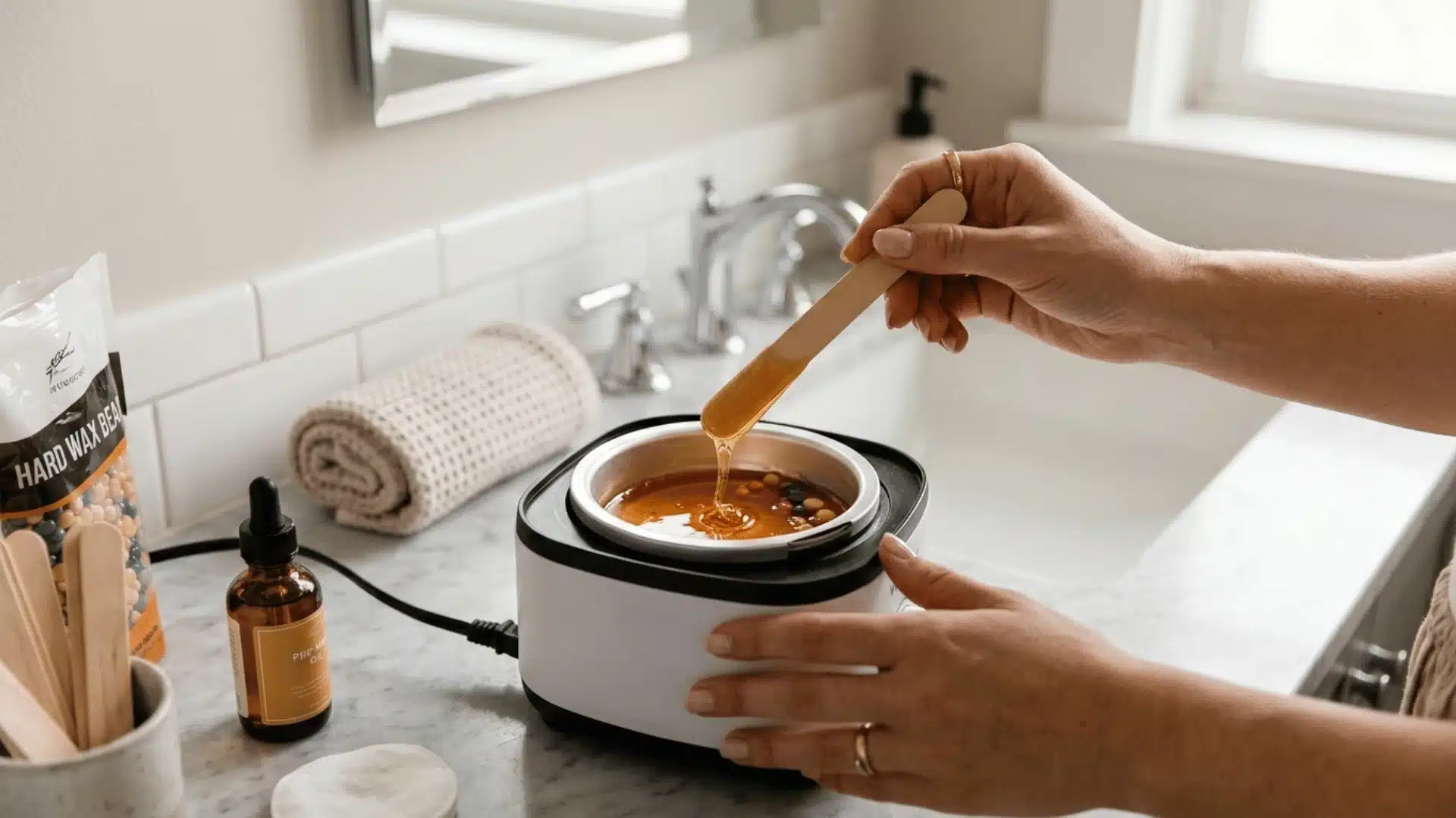 close-up of a women melting hard wax beads in a small wax warmer on a bathroom counter