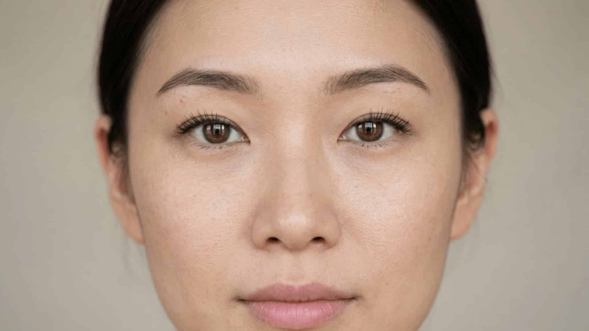 close-up of an asian woman's brown monolid eyes with smooth eyelids and natural skin texture in 169 ratio