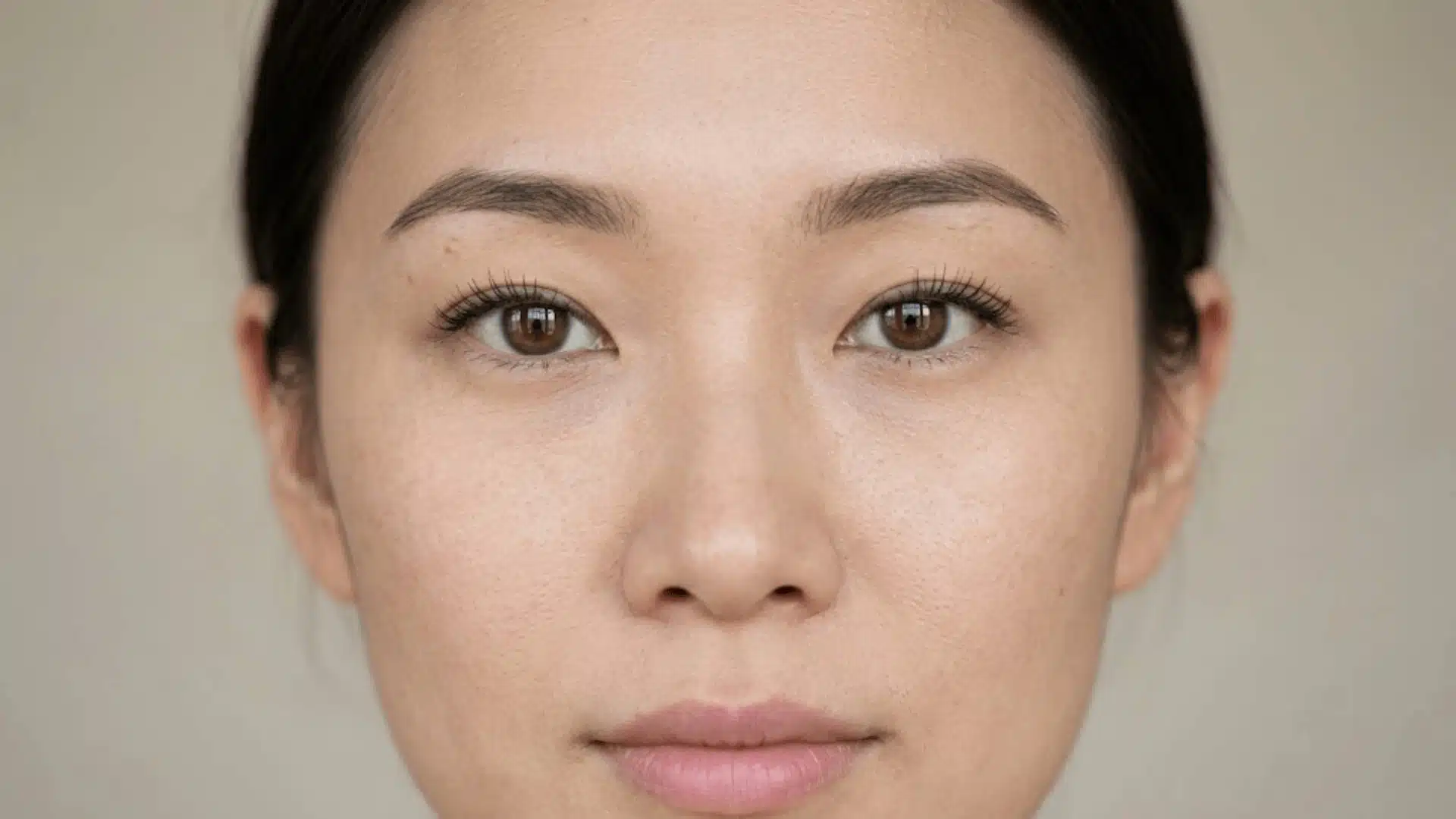 close-up of an asian woman's brown monolid eyes with smooth eyelids and natural skin texture in 169 ratio