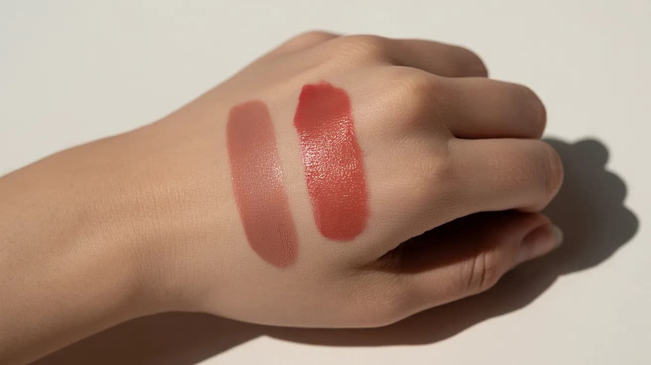 close-up of hand showing two lipstick swatches, one matte nude and one glossy rose shade side by side