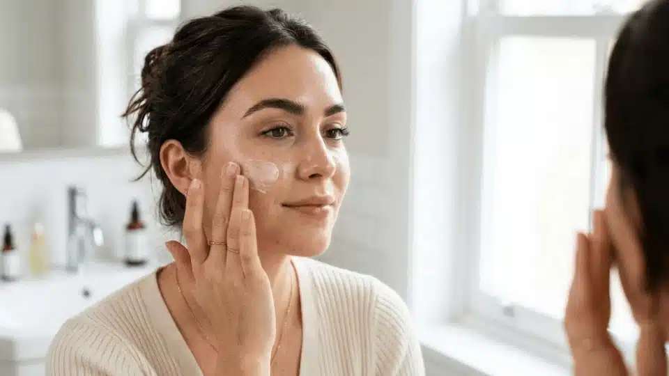 close-up of person applying azelaic acid cream to cheek with soft natural lighting and neutral blurred background (1)
