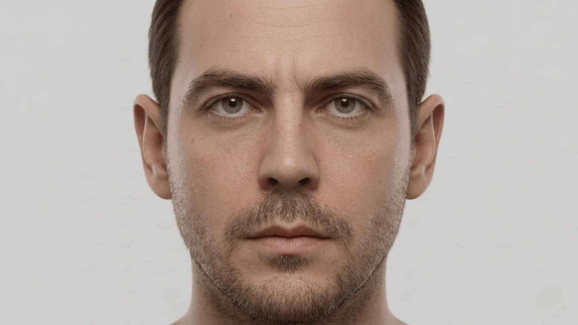 close-up portrait of a man with green almond-shaped eyes, neutral expression, and soft studio lighting.