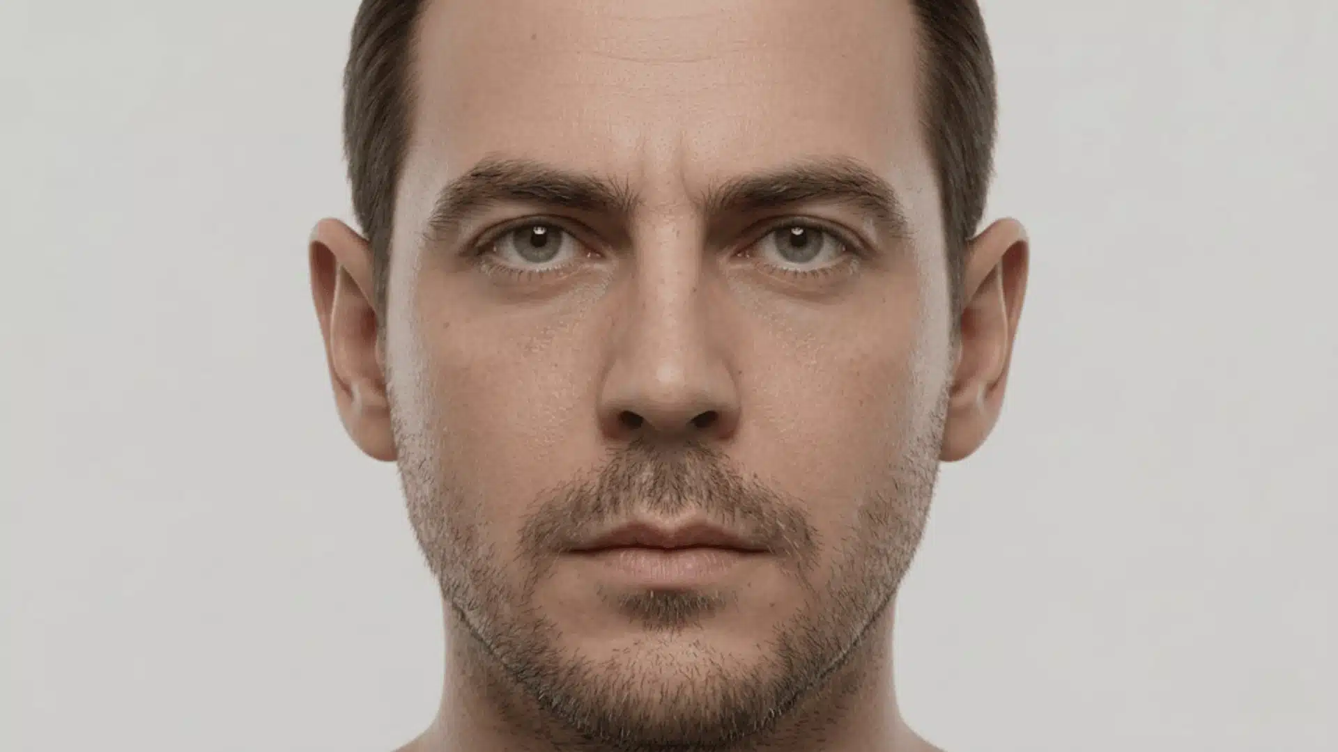 close-up portrait of a man with green almond-shaped eyes, neutral expression, and soft studio lighting.