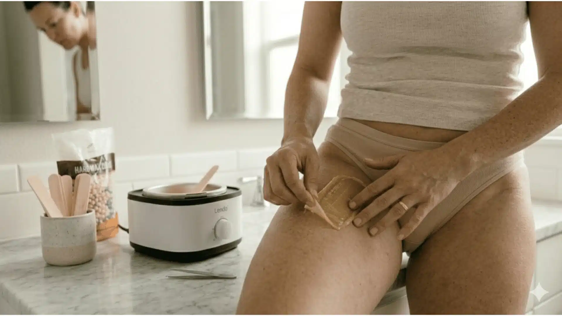 close-up showing a person pulling a hardened wax strip quickly in the opposite direction of hair growth while holding skin