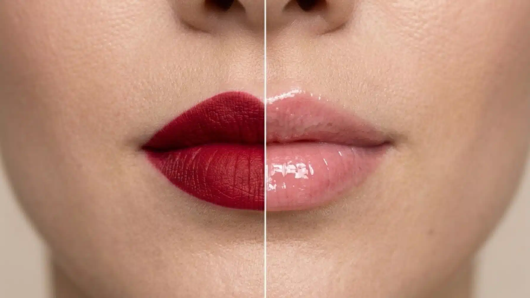 close-up split image showing matte red lipstick on one side and clear glossy lips on the other