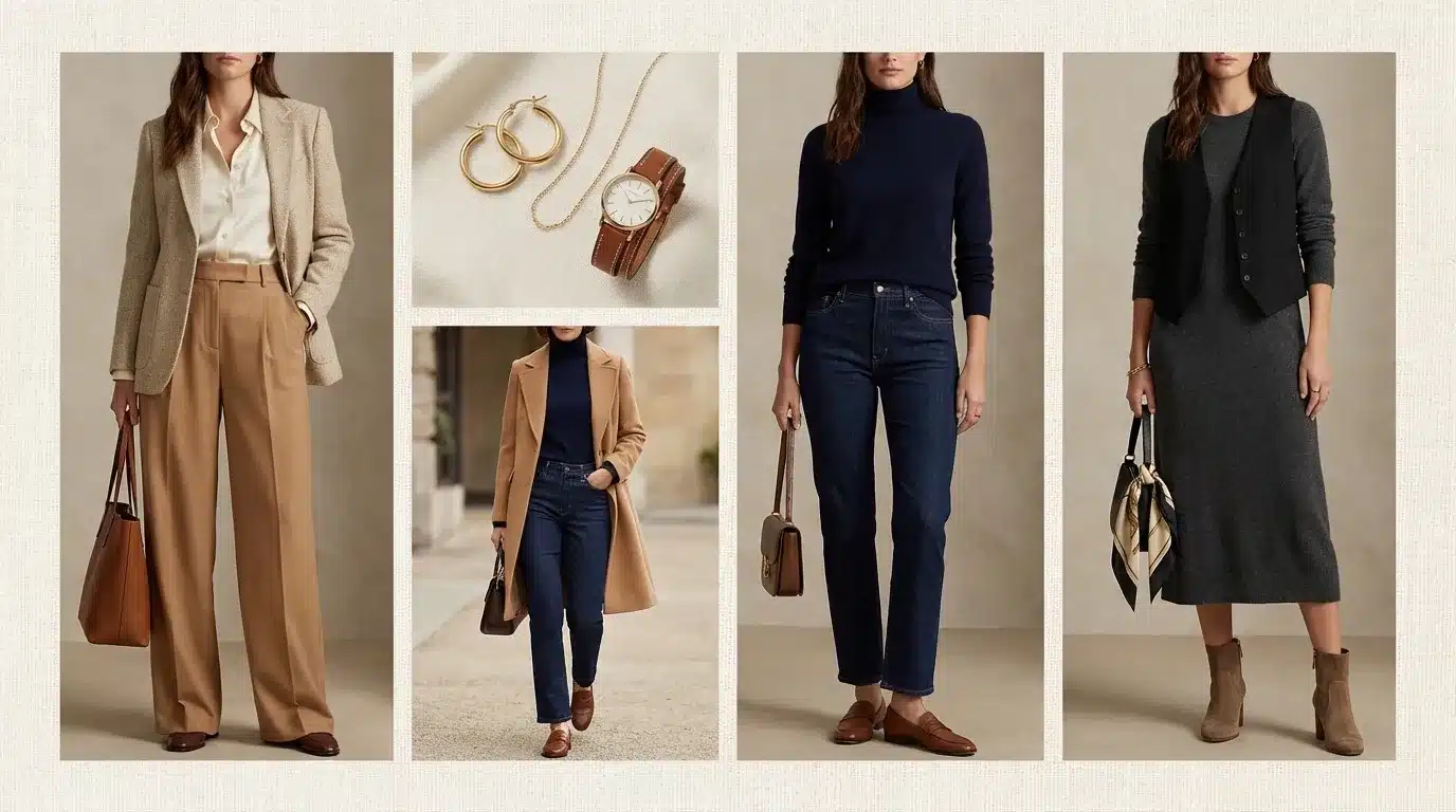 collage of neutral outfits featuring camel trousers, blazer, navy sweater with jeans, gray dress, and accessories