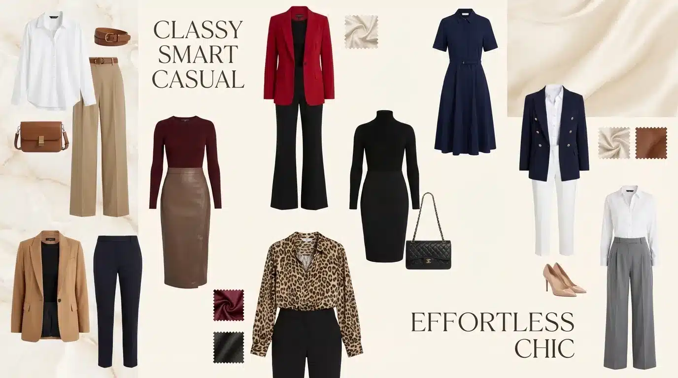 collage of smart casual outfits including blazers, dresses, trousers, heels, handbags, and neutral color palettes