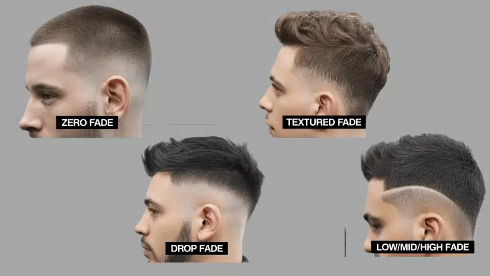 collage showing zero fade, drop fade, textured fade, and low mid high fade haircuts from side and back views