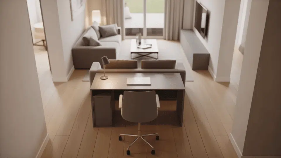 compact desk placed behind sofa creating a clear work zone in open living room layout.