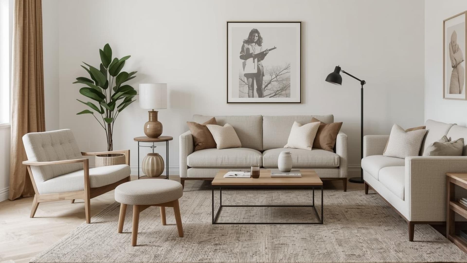 cozy living room with sofa, single accent chair, and small ottoman, offset coffee table, large rug connecting seating, relaxed but organized layout, natural tones