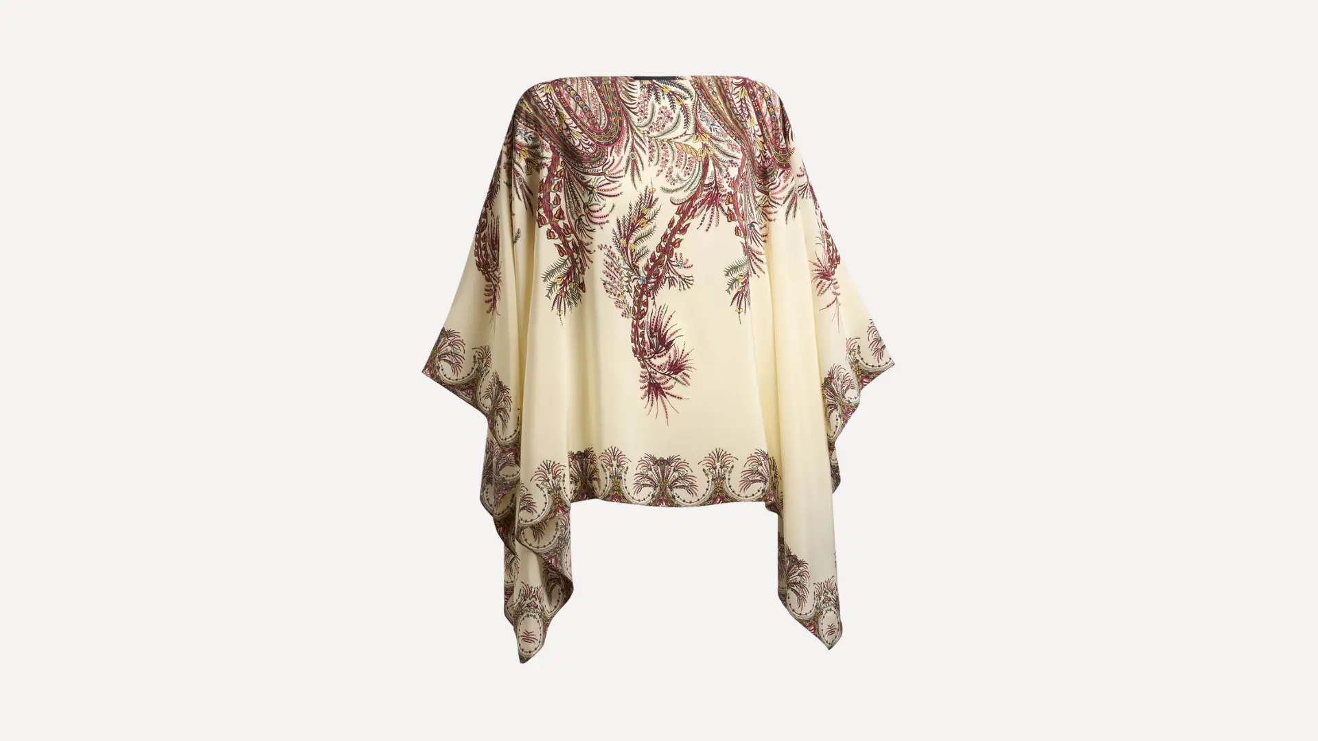 cream-colored kaftan top with an intricate reddish-brown paisley pattern and a loose draped fit on a white background