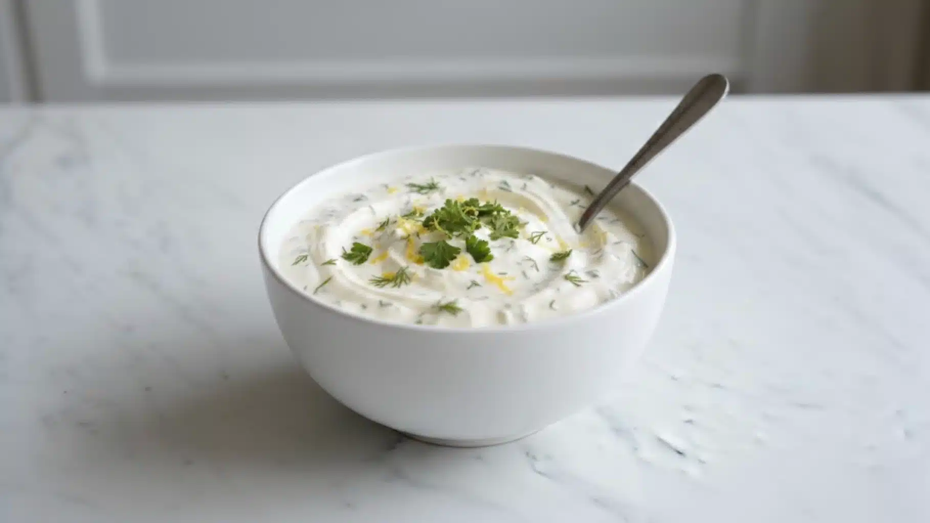 creamy yogurt herb sauce in white bowl with spoon, garnished with fresh parsley and dill, ready as dipping sauce