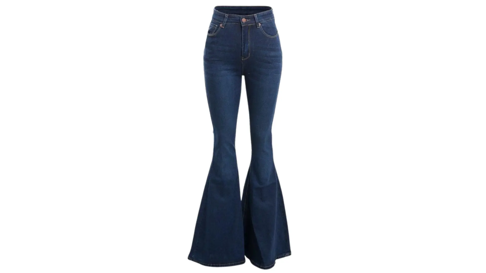 dark blue high-waisted flare jeans with a dramatic bell-bottom leg are centered against a white background