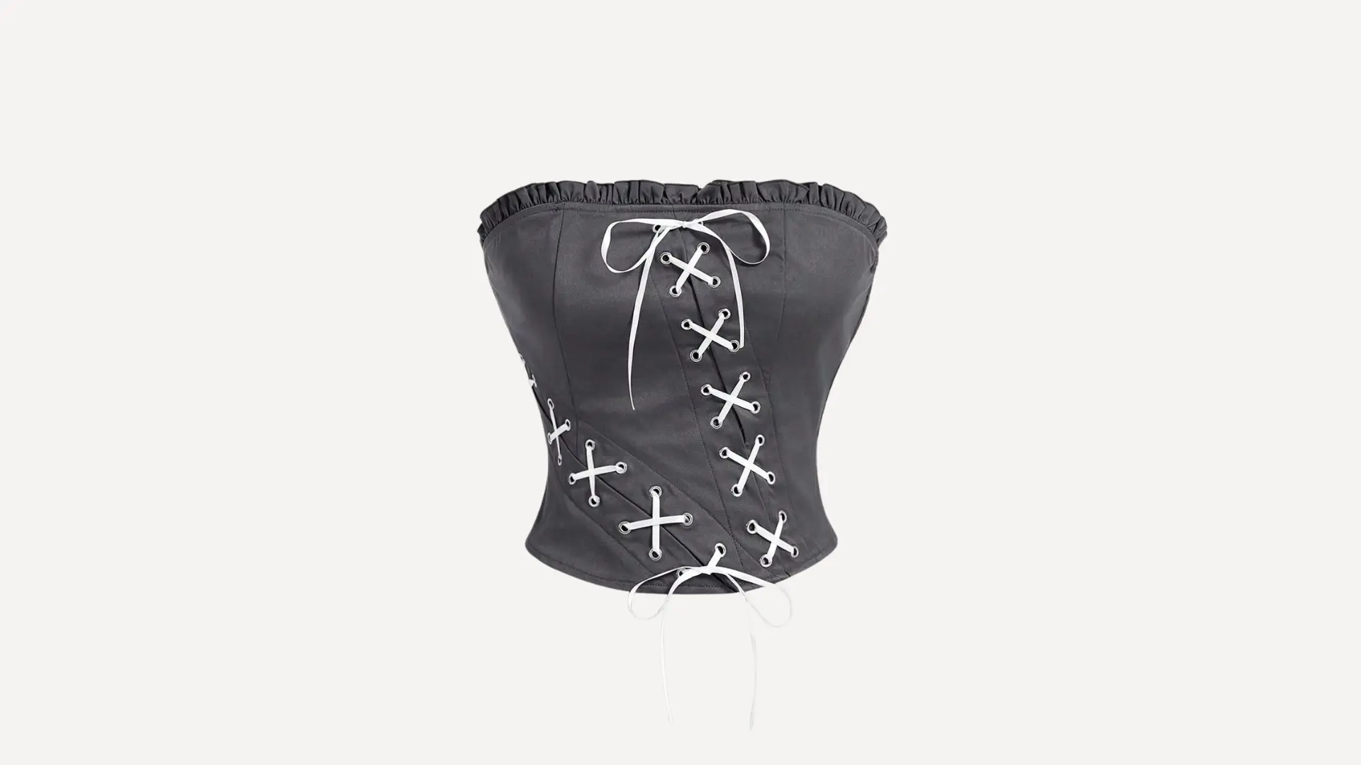 dark gray strapless corset top with white lace-up detailing on the front and sides on a white background