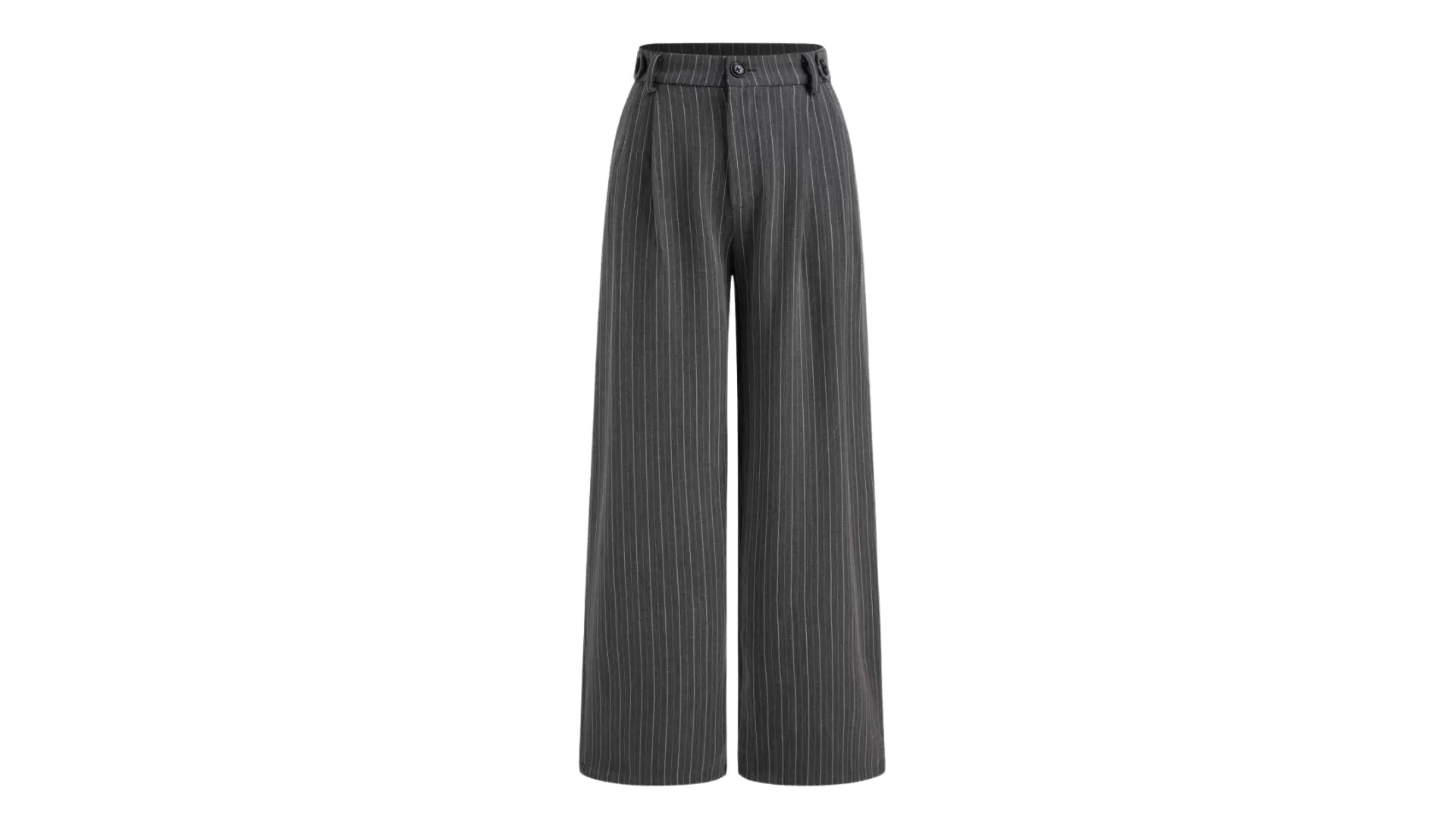 dark grey suits pants featuring white pinstripes and button details on a white background