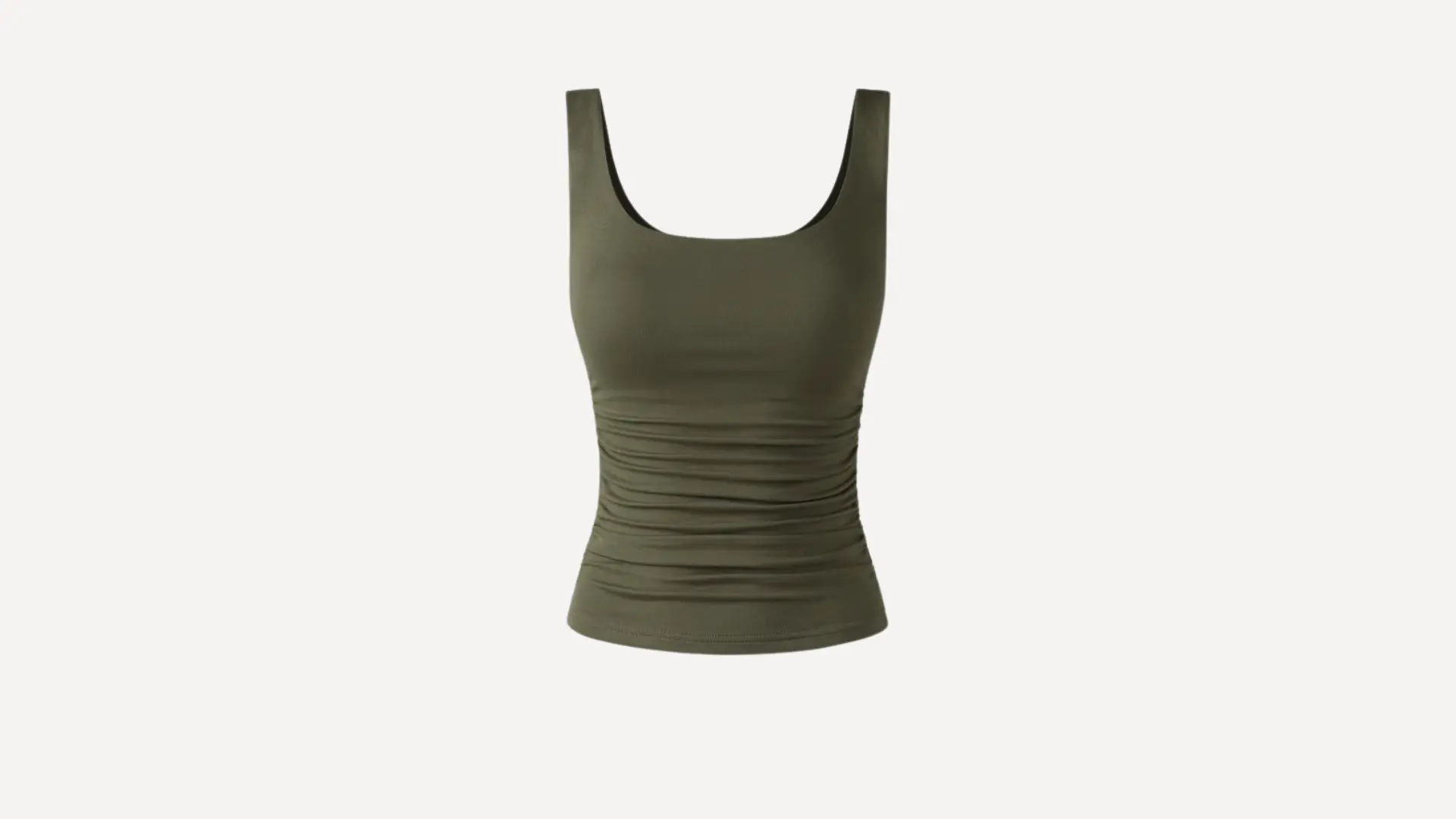 dark olive green tank top featuring a scoop neckline and stylish ruching throughout the bodice for a fitted look