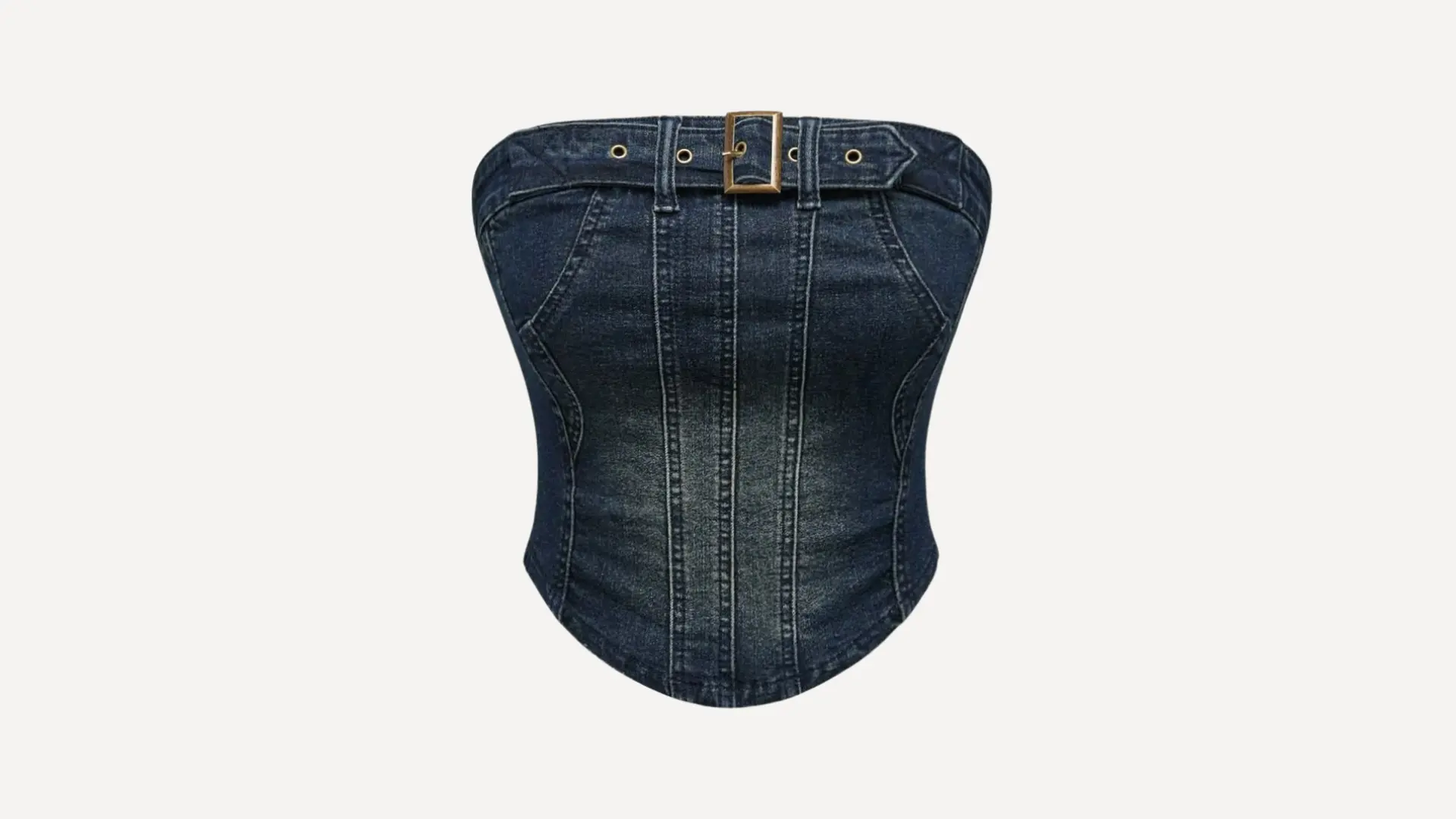 dark wash denim strapless tube top featuring a structured corset-style fit and a belted waist with a bronze buckle