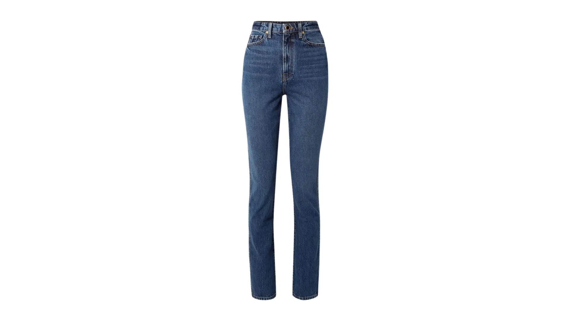 dark wash skinny denim jeans with a high-rise waist are centered against a white background