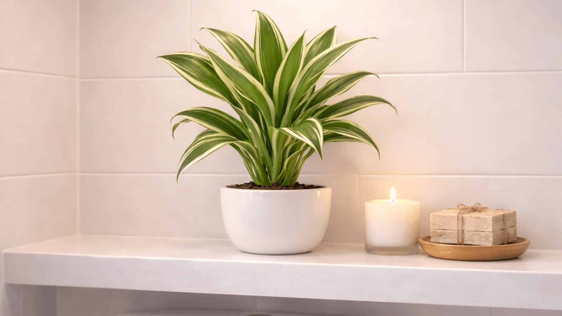 dracaena sanderiana in white pot on bathroom shelf above toilet with candle and soap beside it