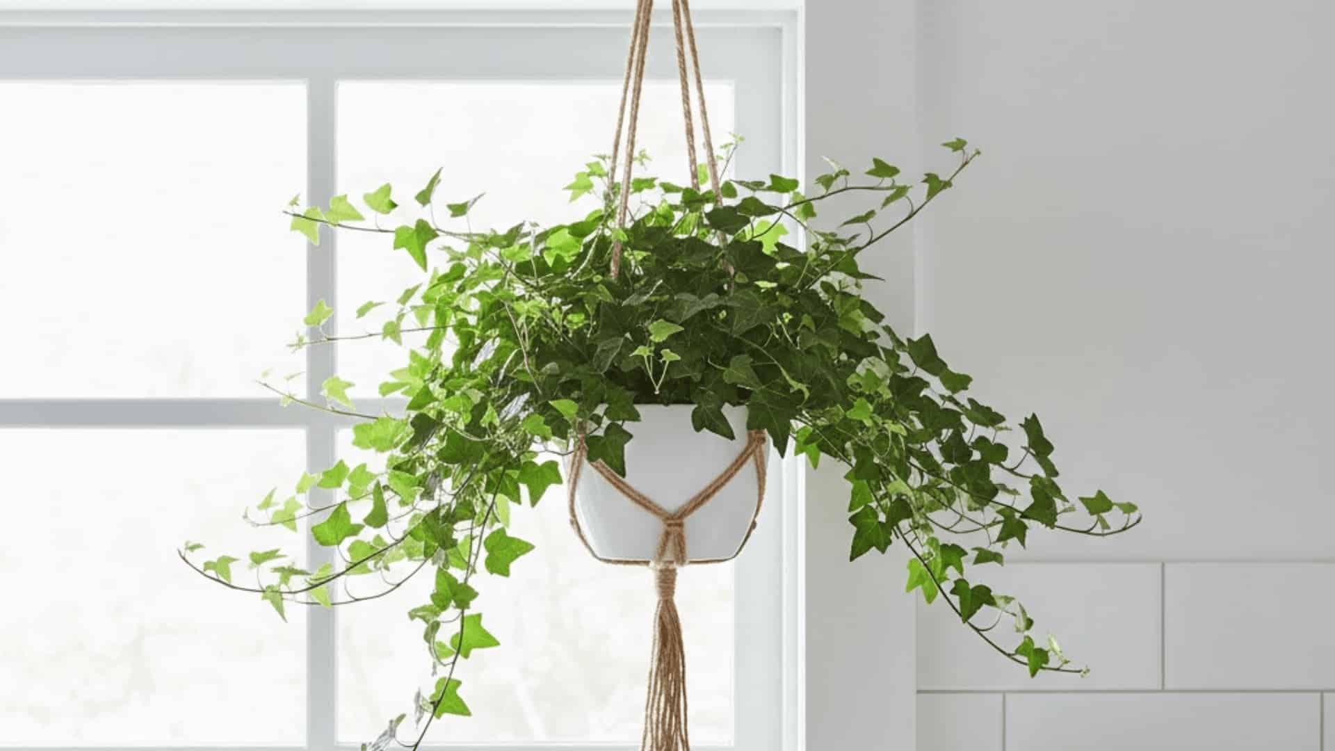 english ivy in white hanging pot by bathroom window with white tiles and folded towels on shelf