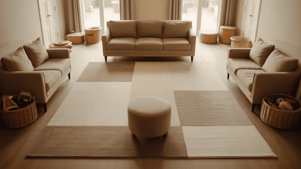 family living room with seating along walls and open center play space on soft rug.