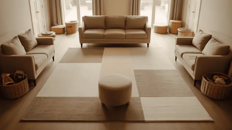 family living room with seating along walls and open center play space on soft rug.