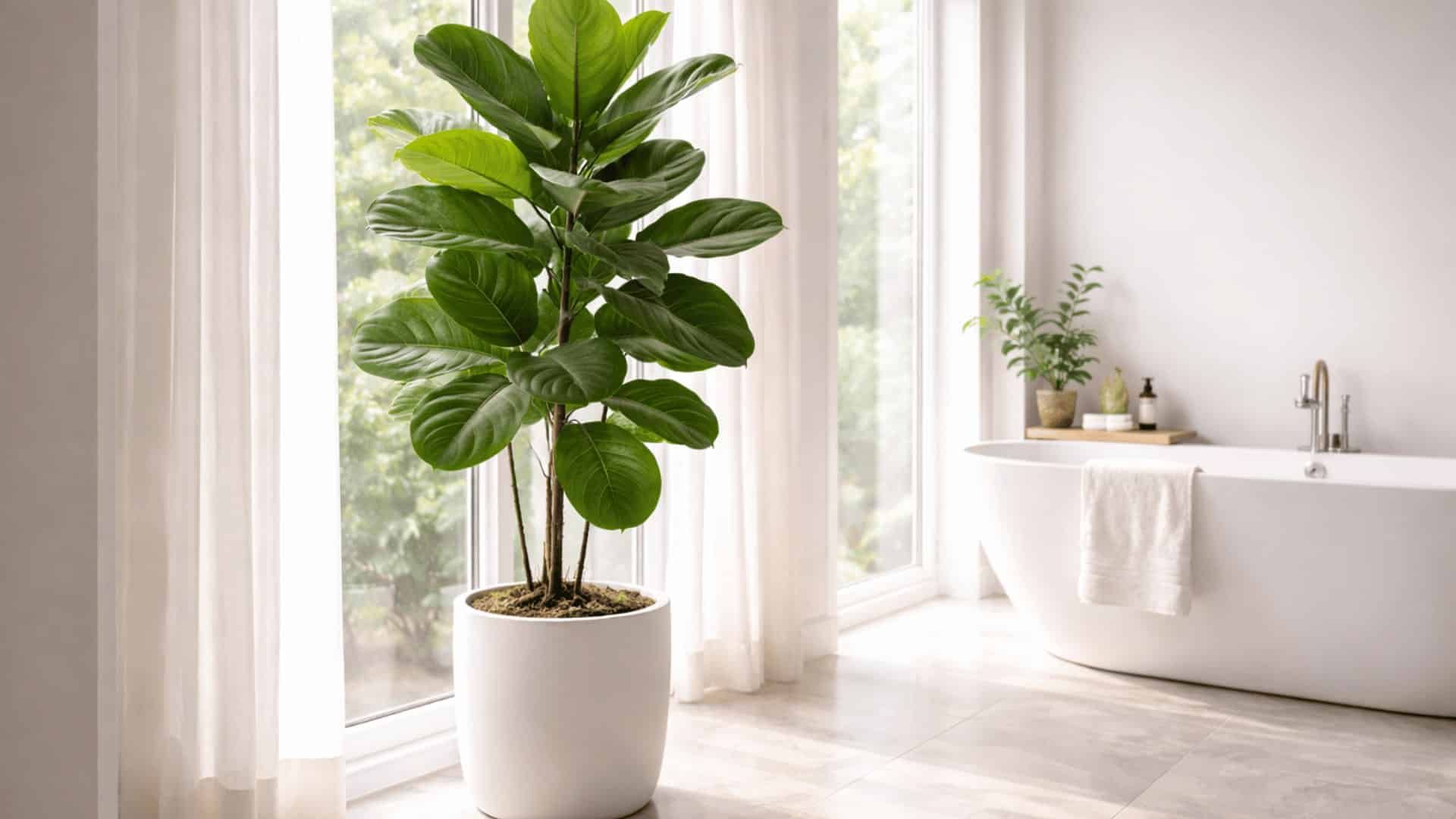 fiddle leaf fig in white floor pot beside large bathroom window and freestanding soaking tub in bright light