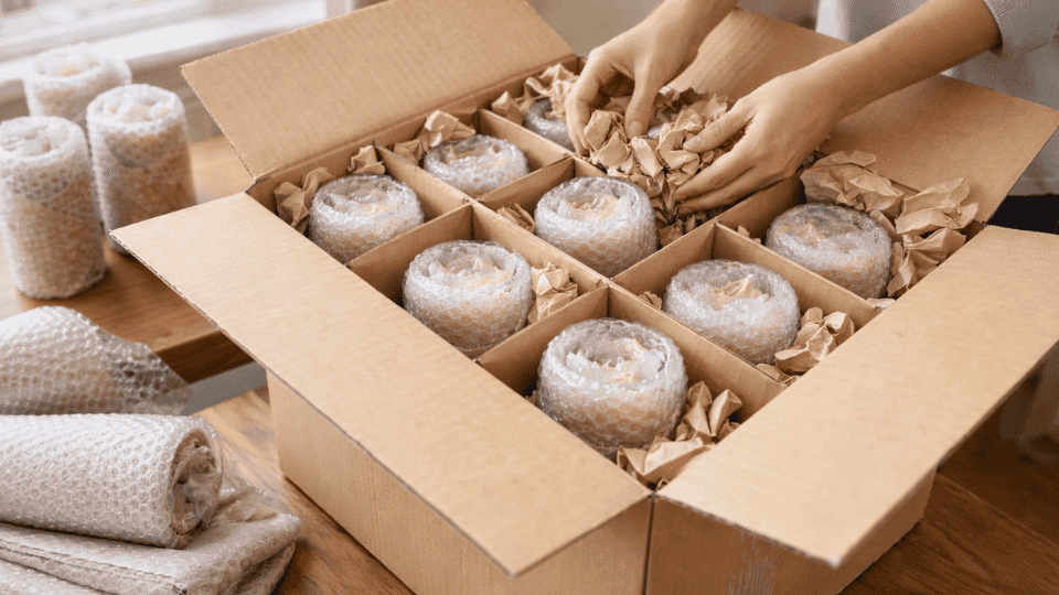 filling empty spaces with crumpled packing paper around wrapped glasses in a cardboard box to keep fragile glassware secure