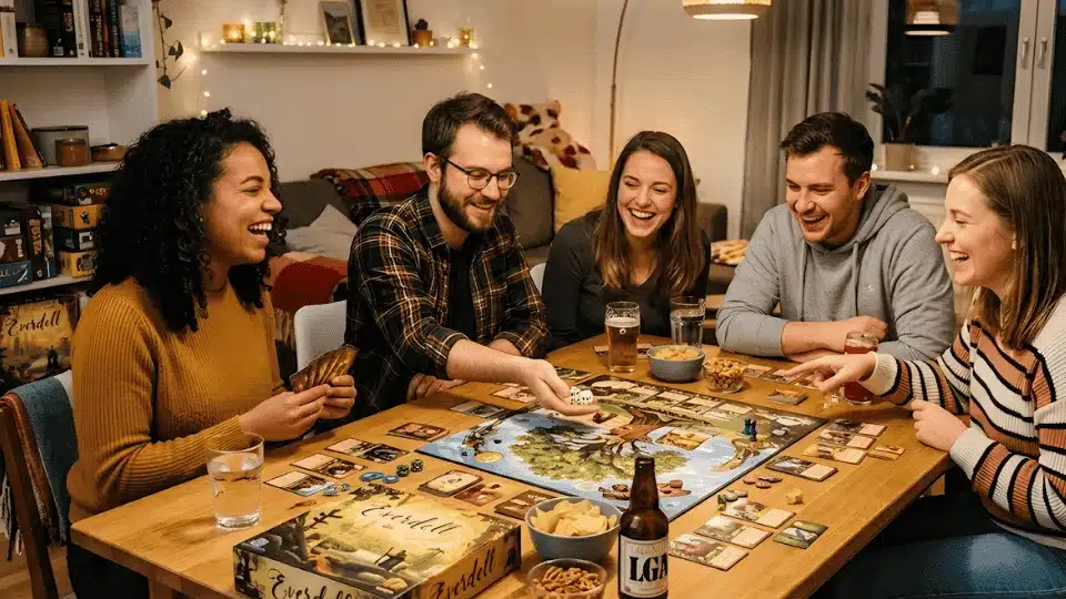 five friends laughing around a wooden table while playing a board game in a cozy, well-lit living room.