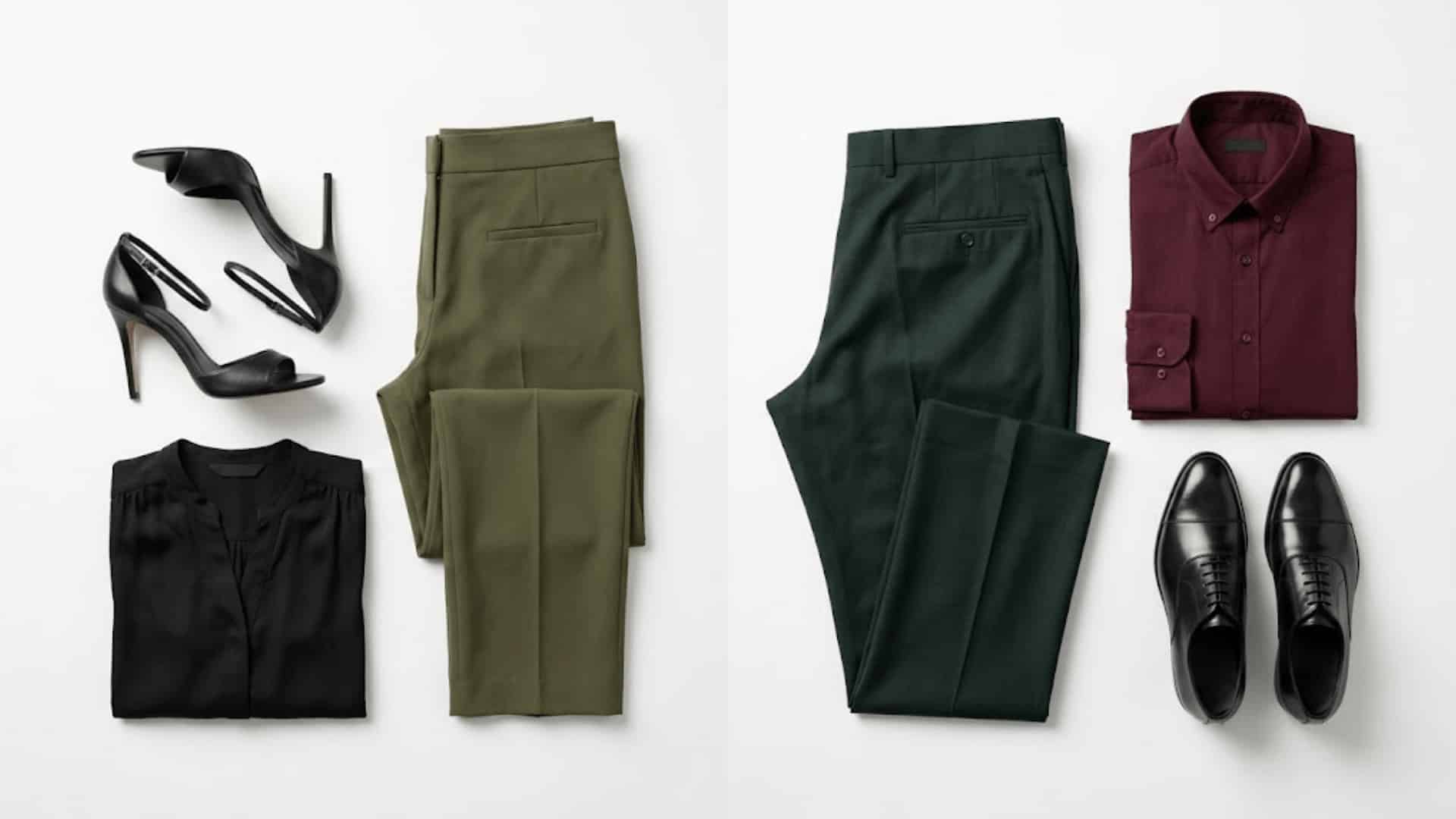 flat lay of olive and dark green pants with black blouse, burgundy shirt, heels and black dress shoes