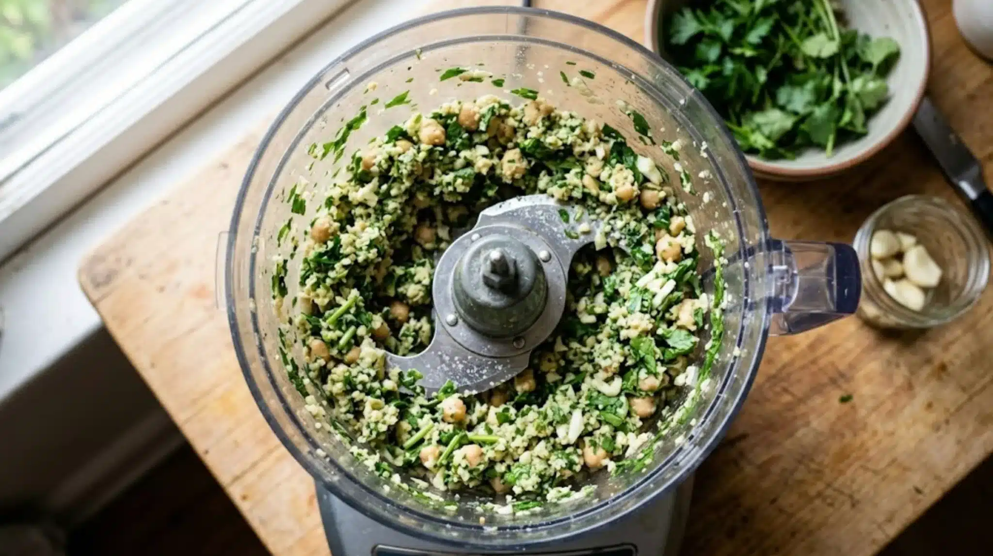 food processor filled with chopped herbs, chickpeas, garlic, and grains blending into a mixture on a wooden counter