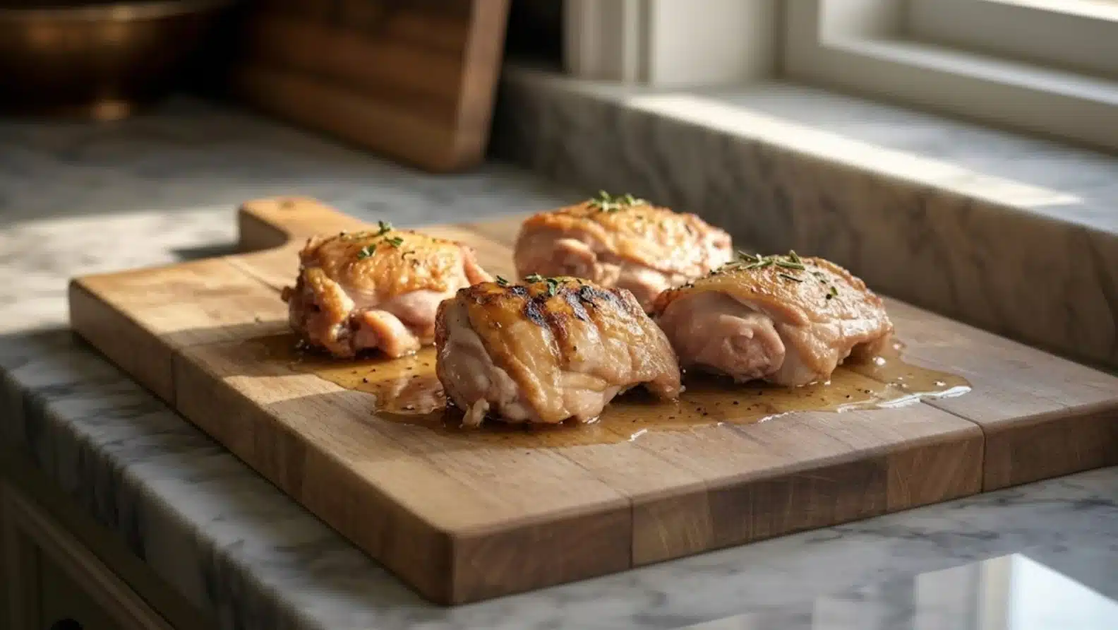 four cooked chicken thighs on wooden cutting board near window, lightly seasoned, natural light, kitchen countertop