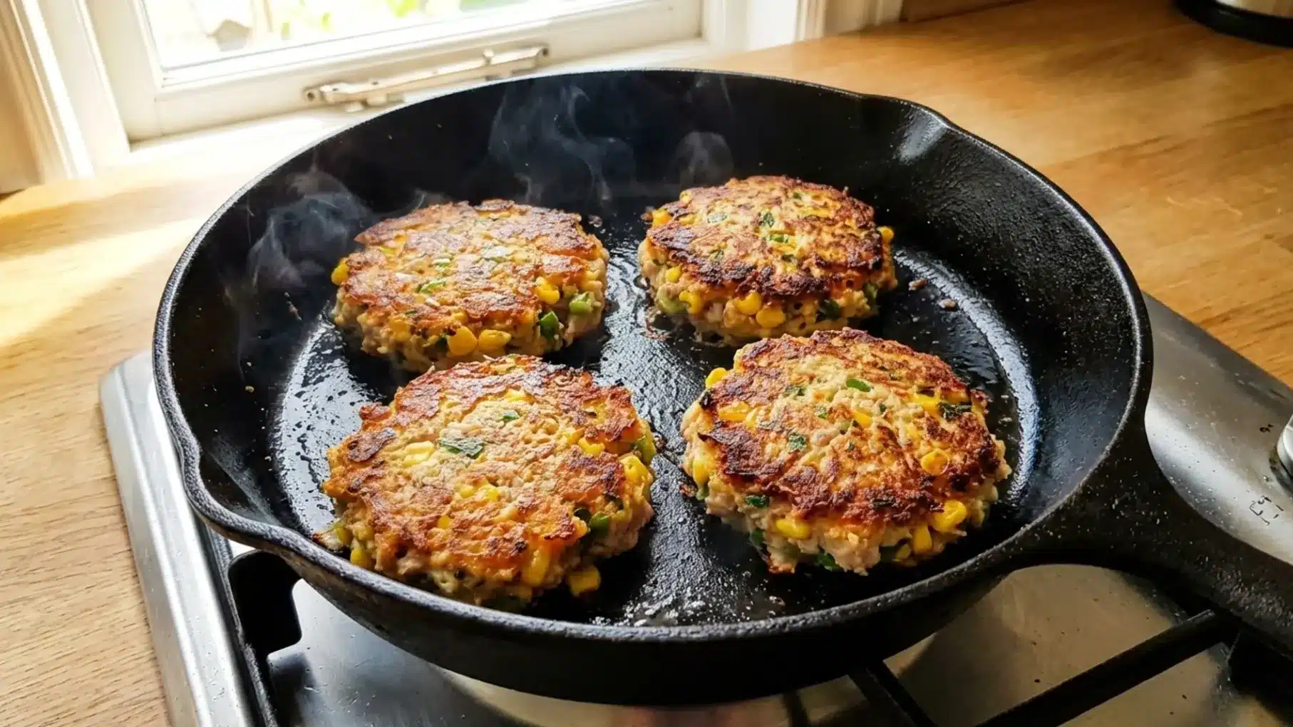 four golden-brown tuna and corn patties sizzling in a cast iron skillet, with steam rising as they cook