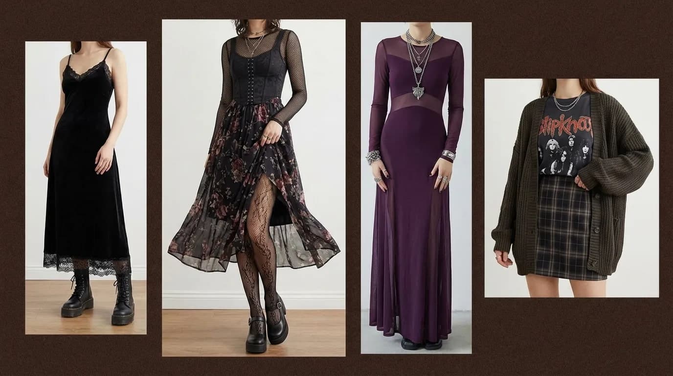 four women wearing black slip dress, mesh floral dress, long purple gown, and plaid skirt with oversized cardigan