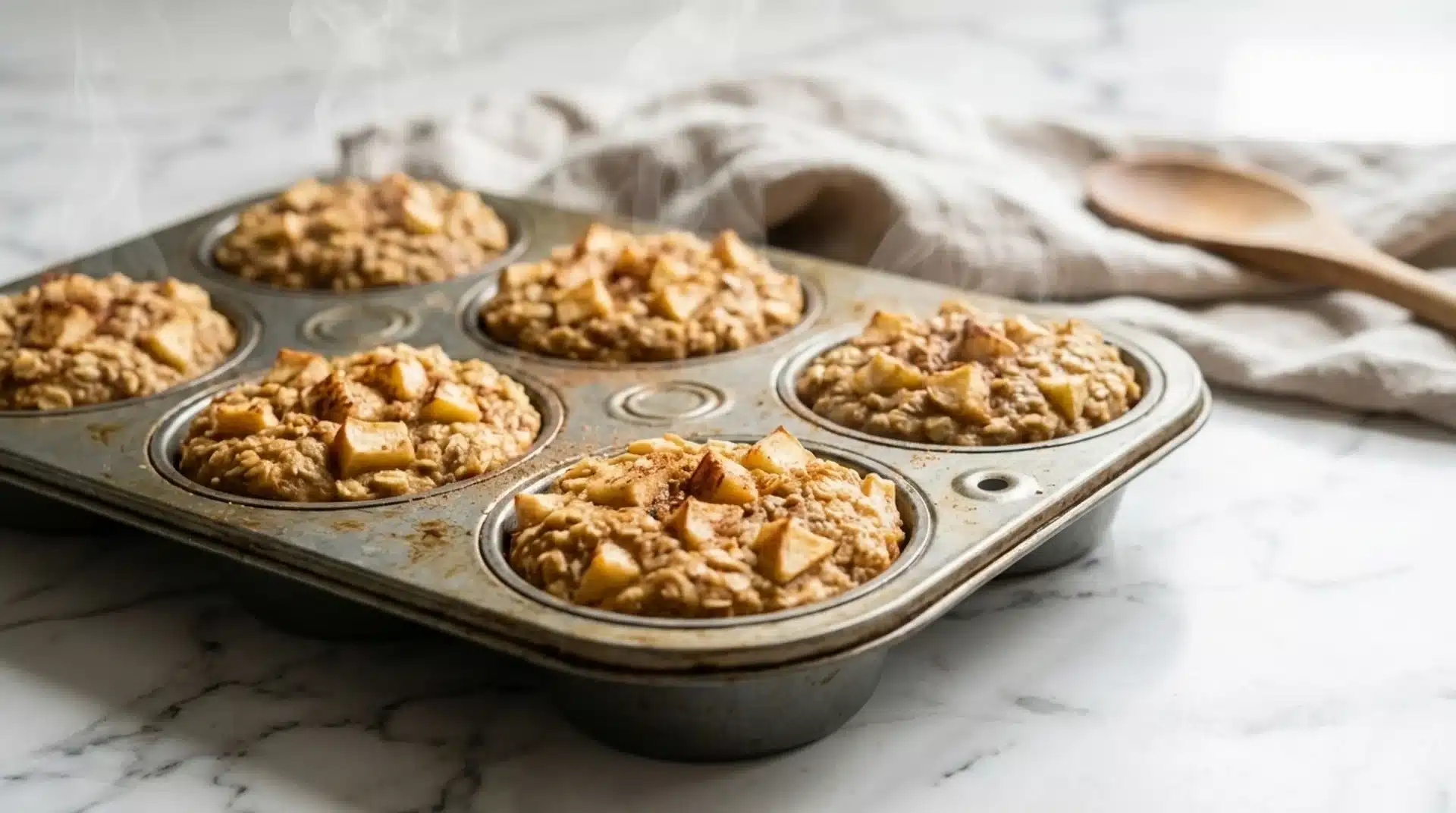 freshly baked apple cinnamon oat cups in a muffin tin, steaming slightly with apple chunks visible on top