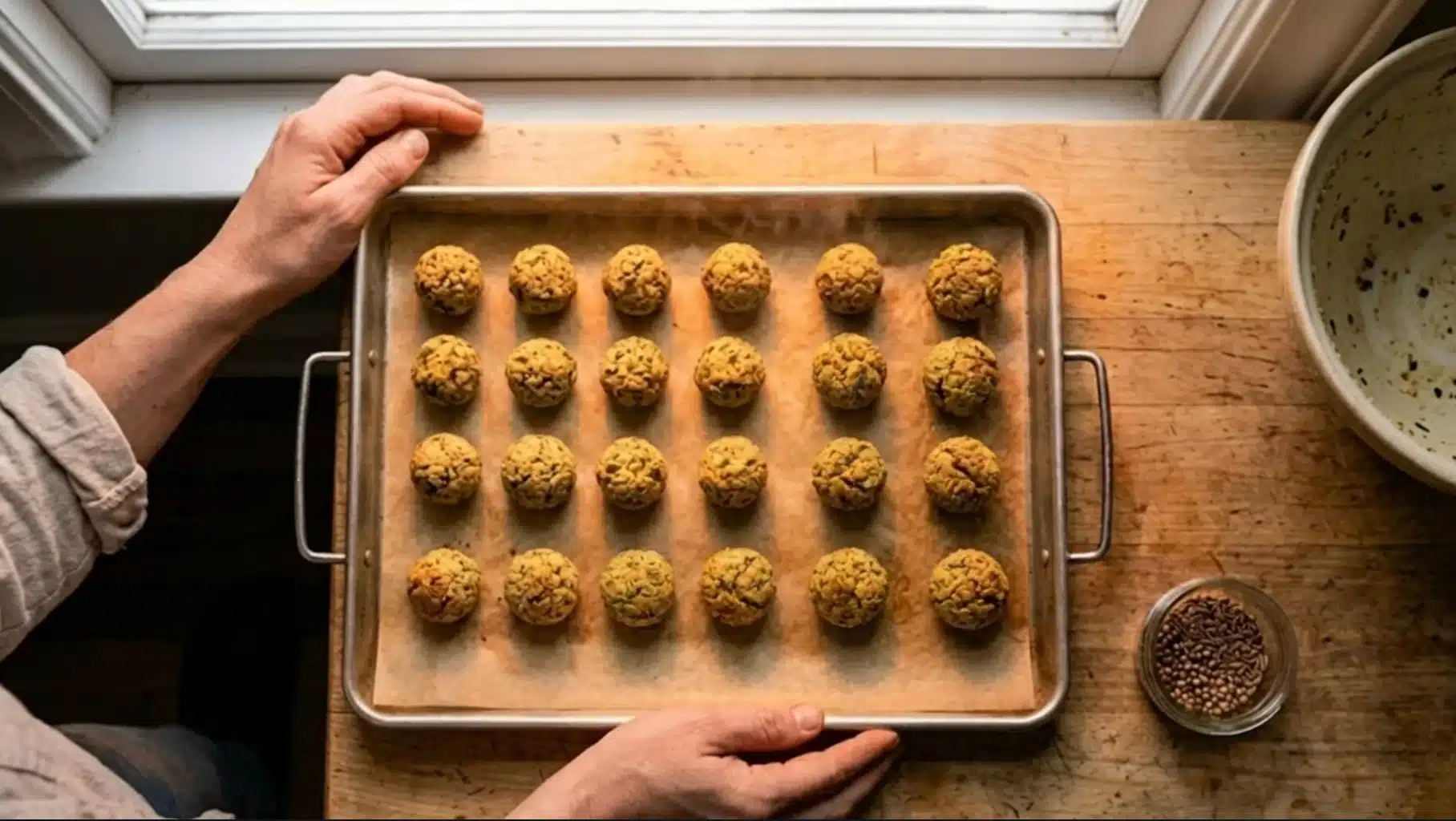 freshly baked chickpea and herb balls are arranged on a baking tray, golden brown and evenly spaced beside a bowl