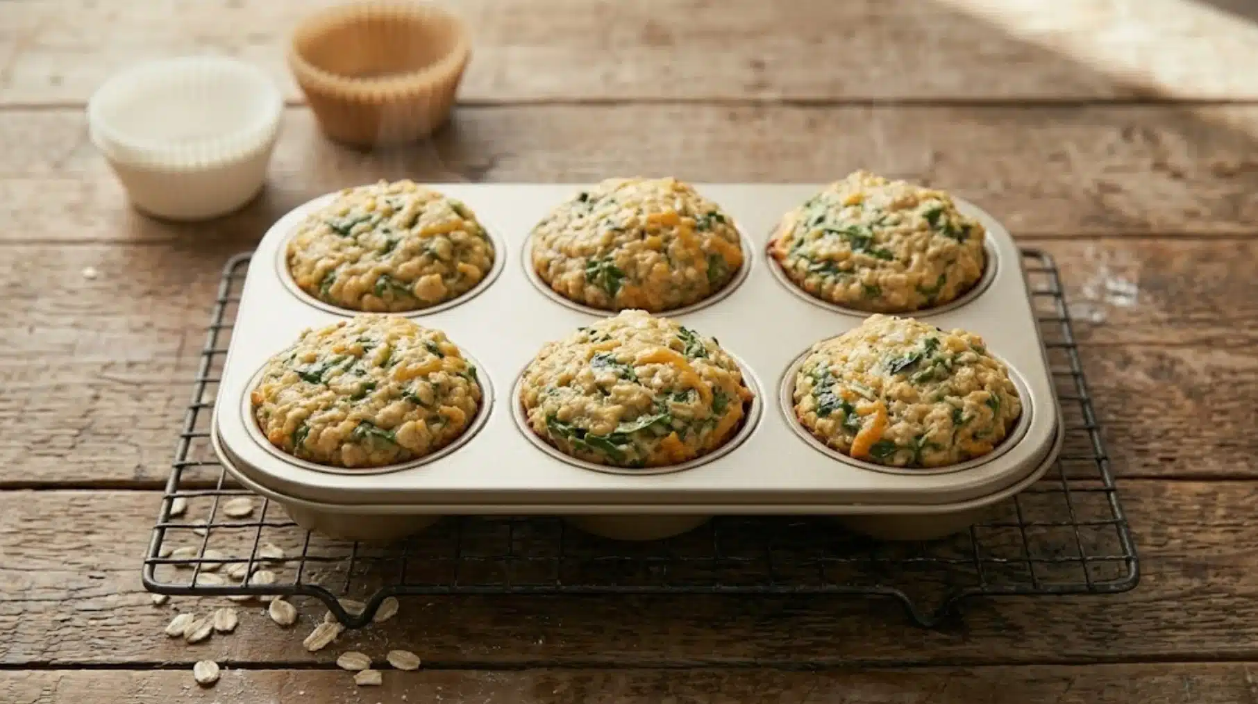 freshly baked savory oatmeal muffins with greens and cheese cooling in muffin tin on rack over rustic wooden table