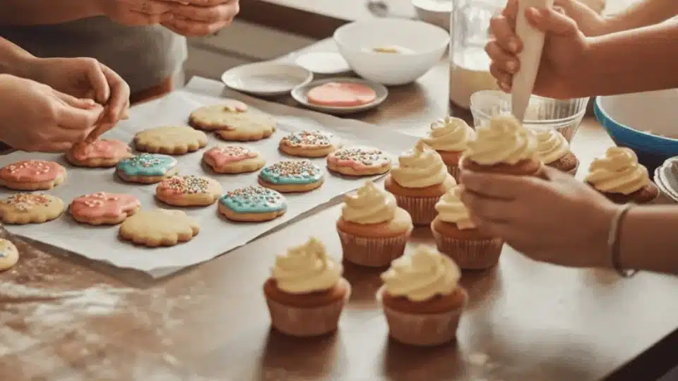 friends baking cookies together in a cozy kitchen, mixing ingredients and decorating cupcakes while laughing and chatting