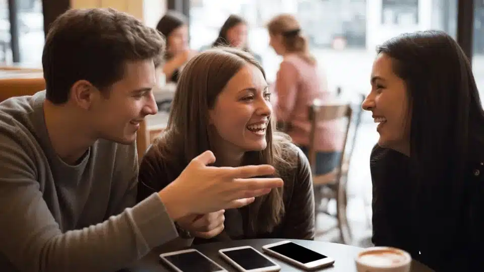 friends chatting at a table with phones stacked in the middle during a no phone hangout challenge