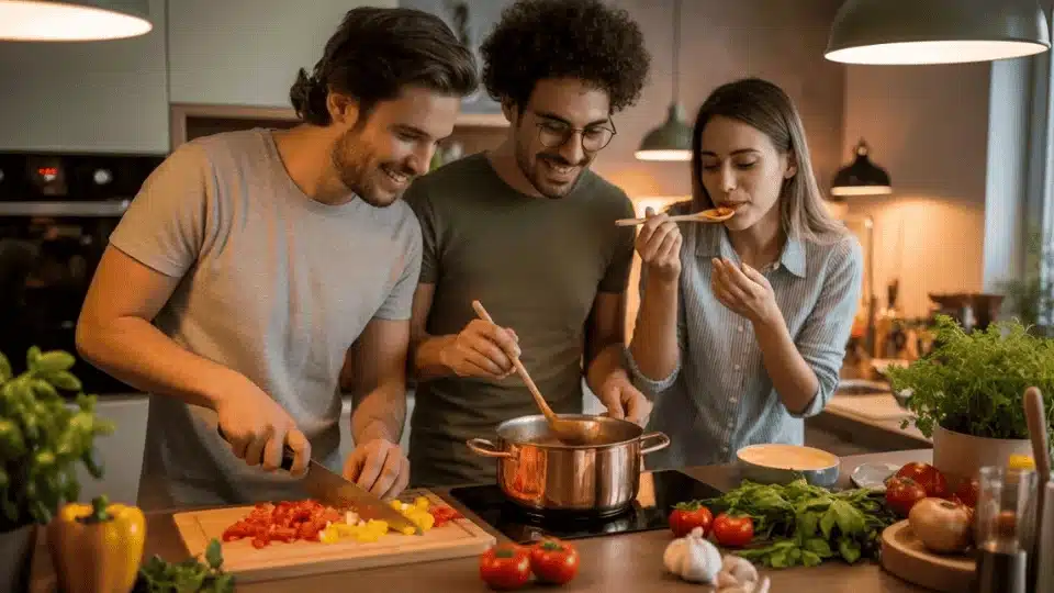 friends cooking together in a kitchen using random ingredients during a fun dinner challenge hangout