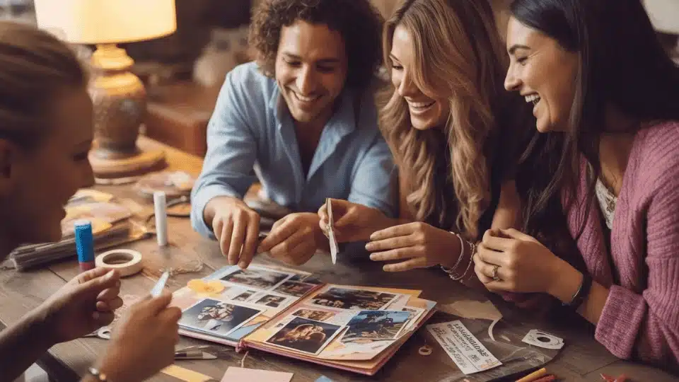 friends creating a scrapbook together with photos and souvenirs during a cozy and creative hangout